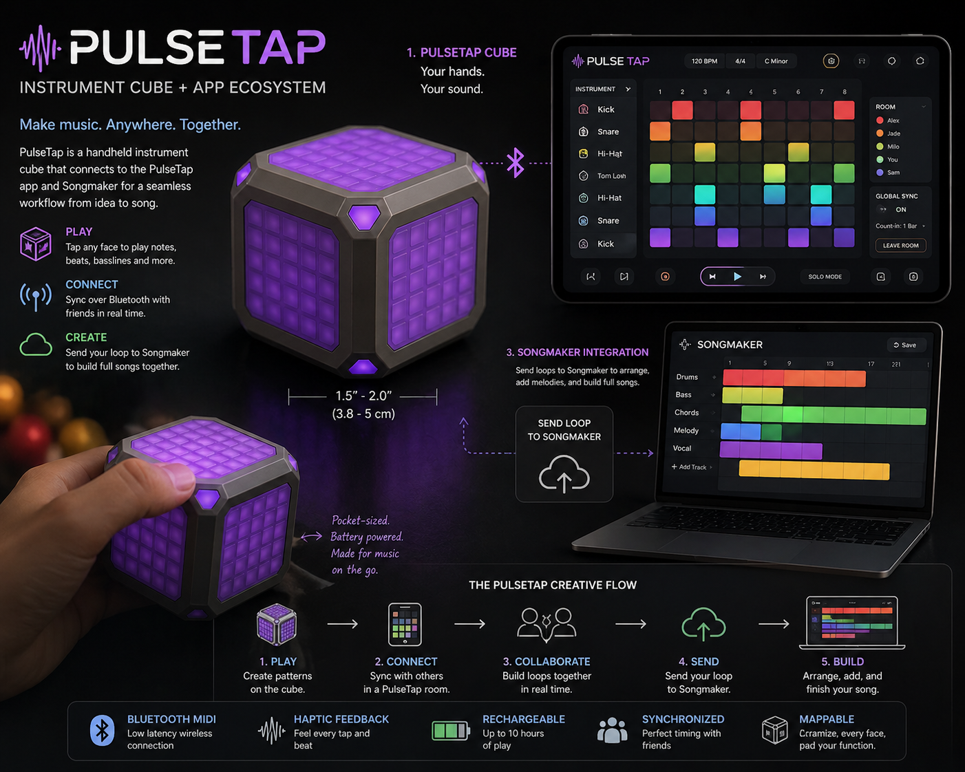 PulseTap cube connected to the app and Songmaker