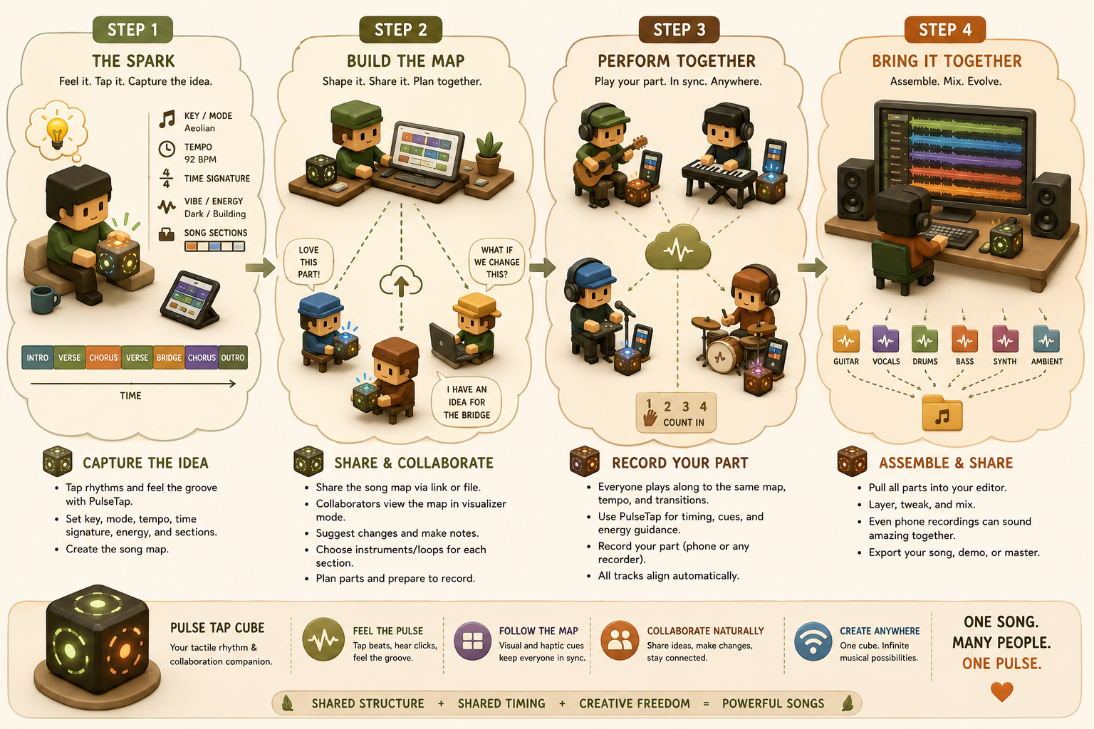 Traditional music creation compared to PulseTap collaborative arrangement workflow